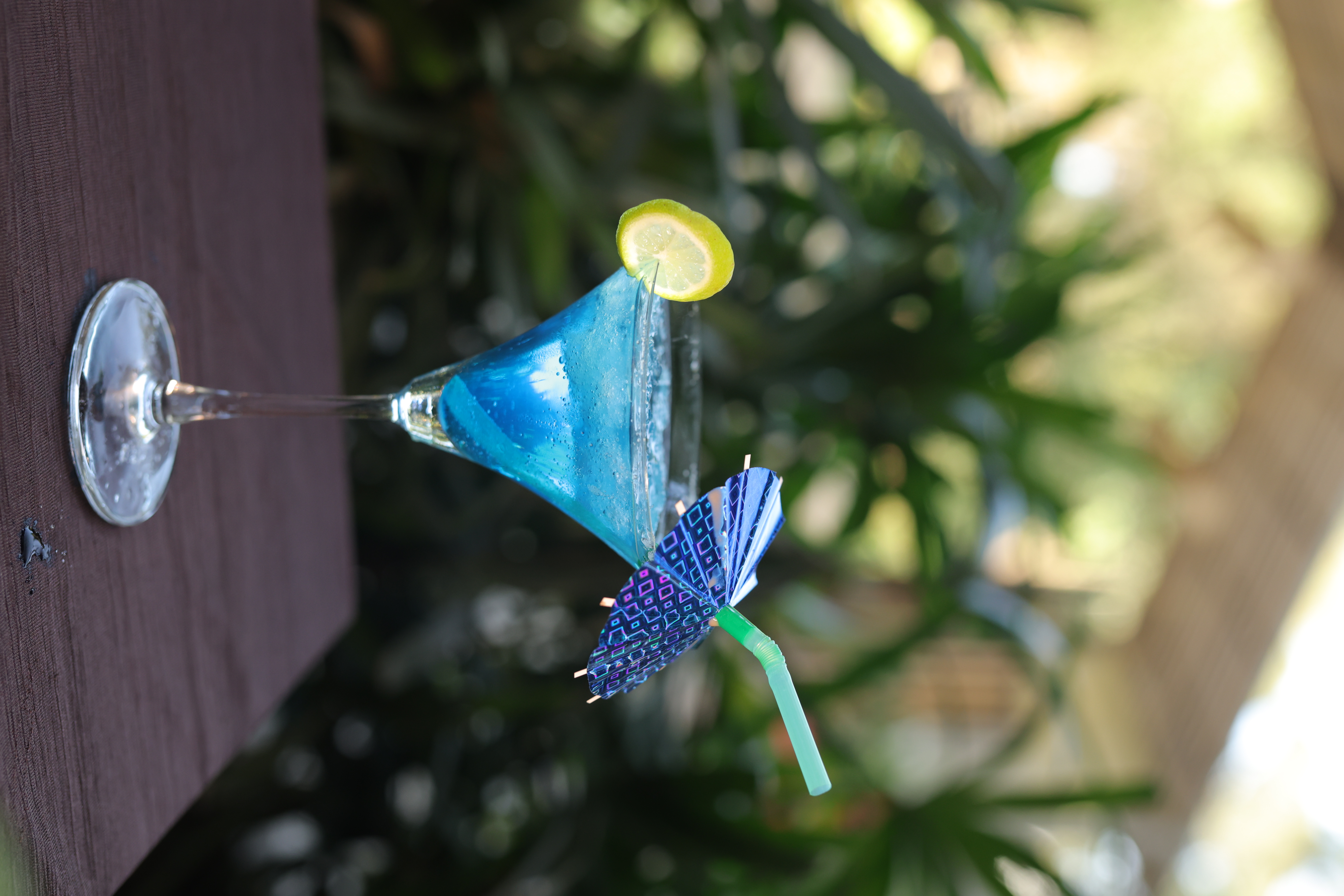 Blue lagoon mocktail in martini glass with lemon slice at Jatra Countryside